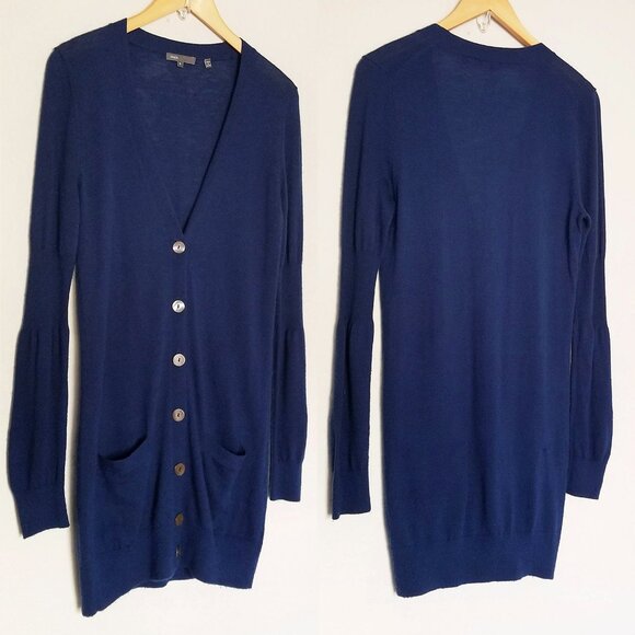 Vince 100% Cashmere V Neck Longline Cardigan S Lightweight Blue Button Pockets - Picture 1 of 16